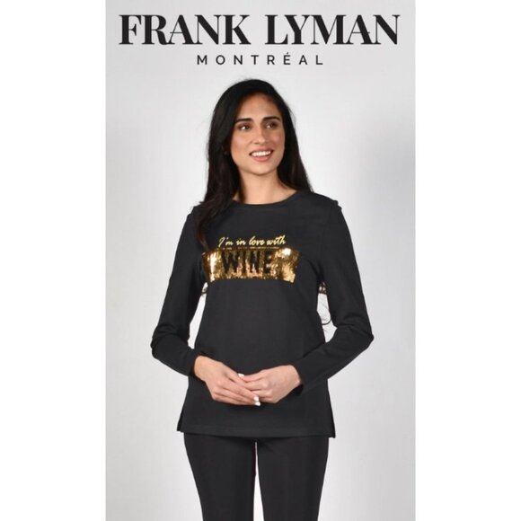 BNWT Frank Lyman Design Black/Gold Sequined Coffee/Wine Long Sleeve T-shirt S - Picture 12 of 15